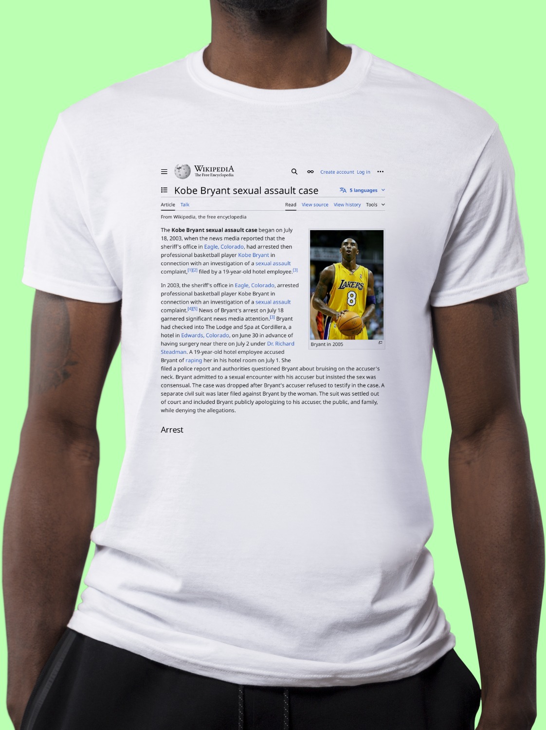 Kobe Bryant Sexual Assault Case Wikipedia T Shirt 